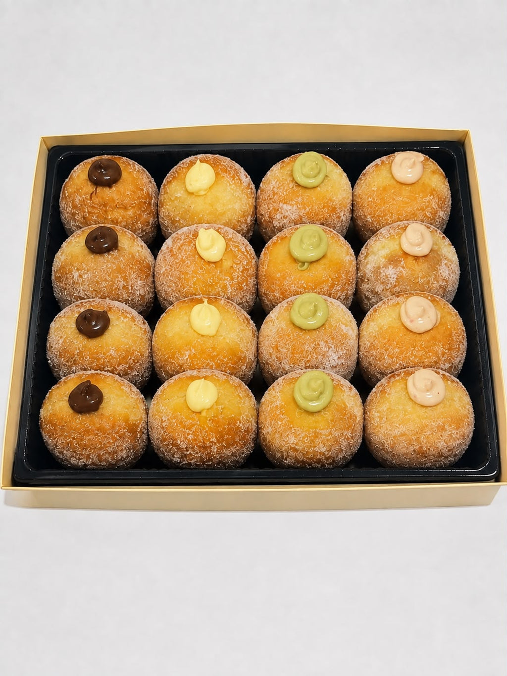 Assorted Donuts box of 16 pieces - pistachio, chocolate, custard and raspberry filled bomboloni