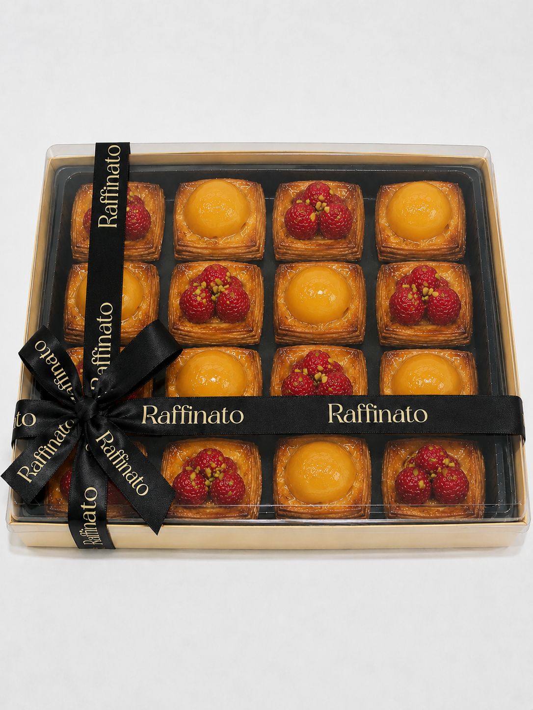 Mixed Mini Danish 16 pcs gift box with clear lid and black Raffinato ribbon