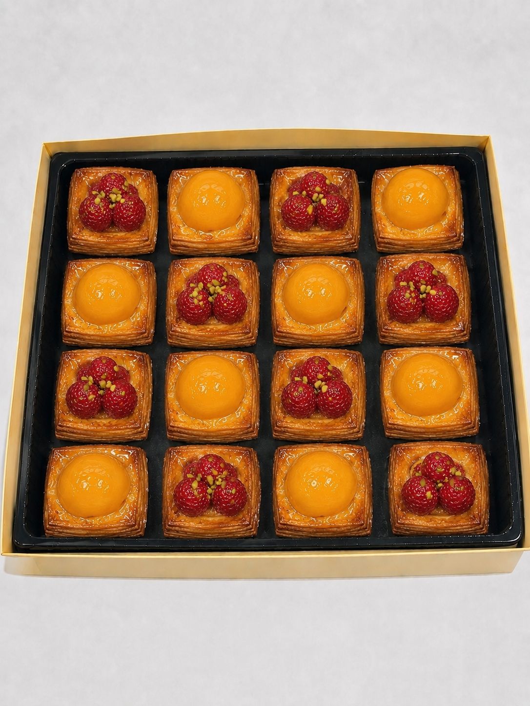 Mixed Mini Danish 16 pcs open gold gift box with apricot and raspberry mini danish pastries